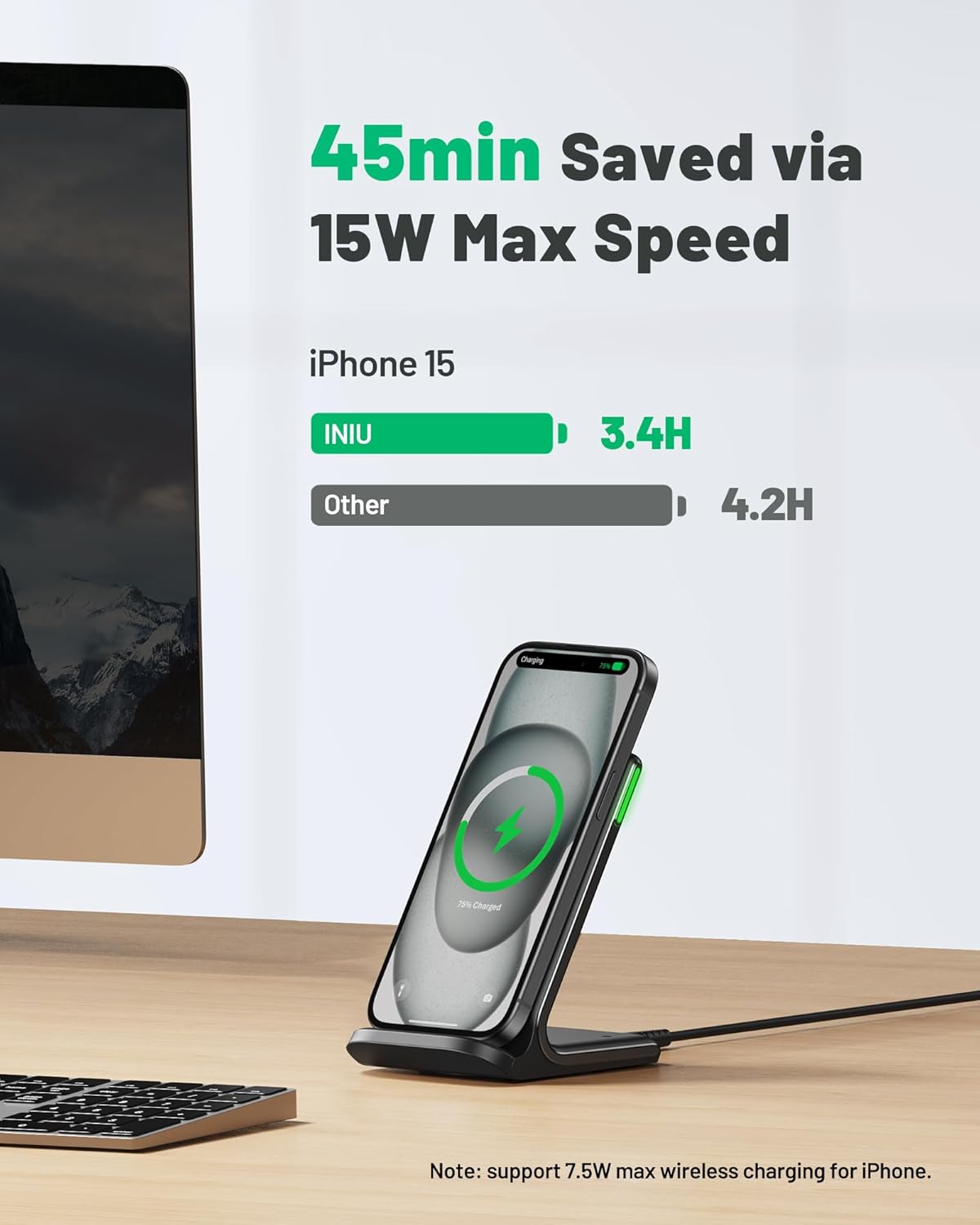 INIU Wireless Charger Stand, 15W Fast Charging Dock Phone Charger, Adaptive LED...