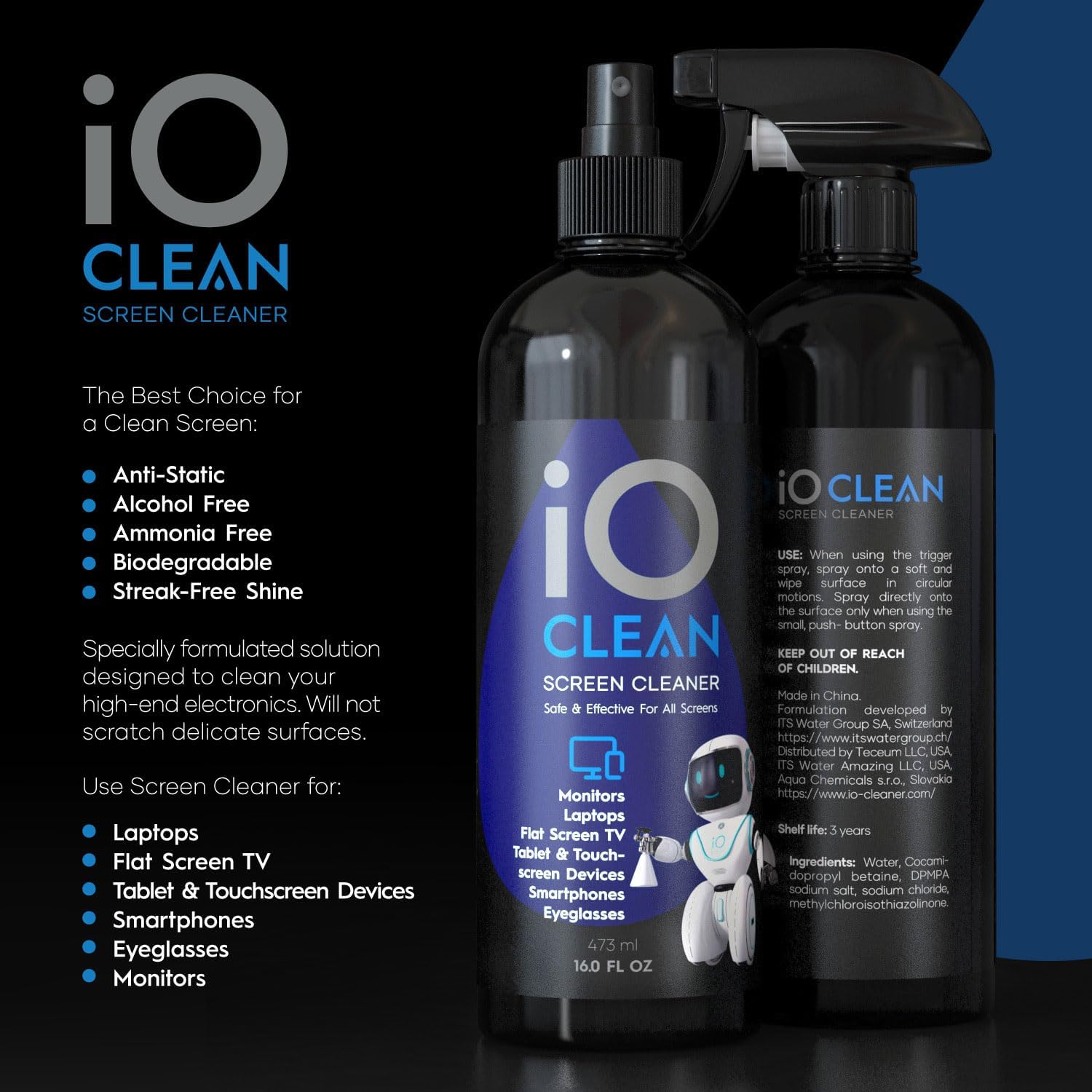iO Clean Screen Cleaner Spray (16oz - 473ml) – Professional Cleaning Kit for LCD...