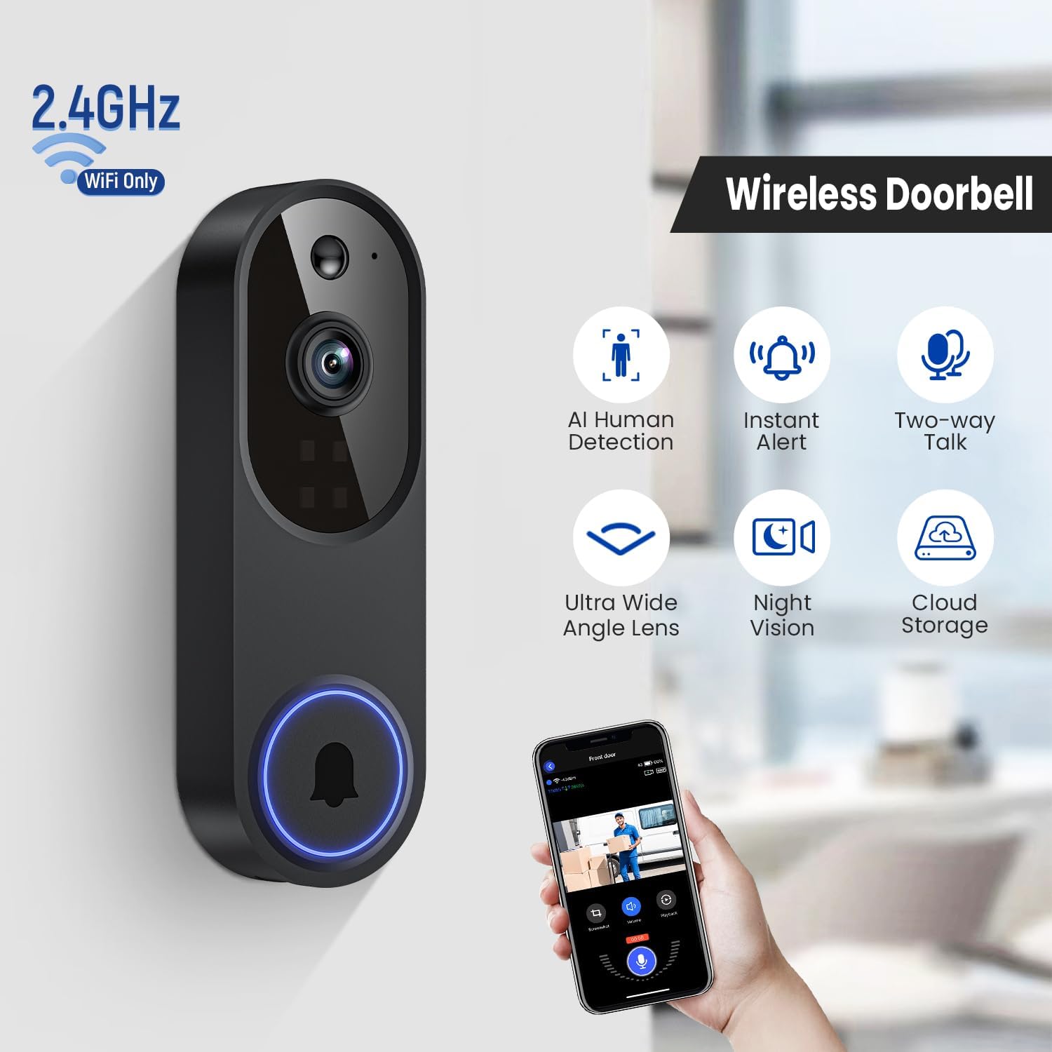 1080P WiFi Video Doorbell Camera Wireless, AI Human Detection, 2-Way Talk, 2.4G...