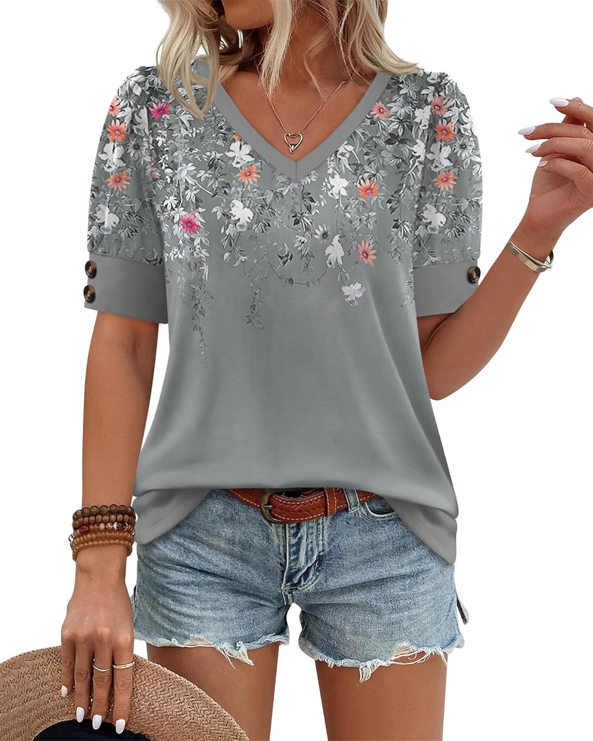 Chic OFEEFAN Womens Tops, Stylish Short Sleeve Shirts with Buttons, Trendy V Nec...