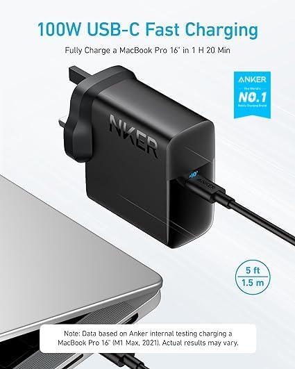 Anker 100W USB C Charger, Compact and Foldable Fast MacBook Charger, For MacBook...