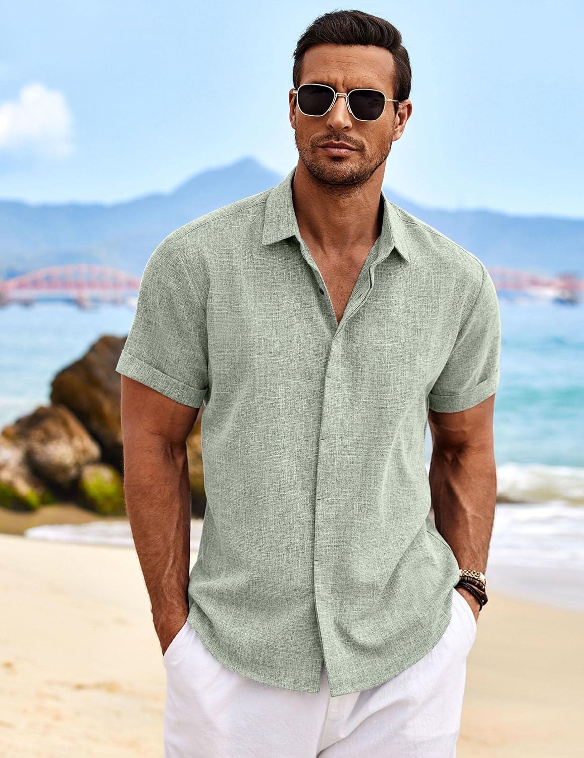 COOFANDY Men's Linen Shirts Short Sleeve Casual Shirts Button Down Shirt for Men...