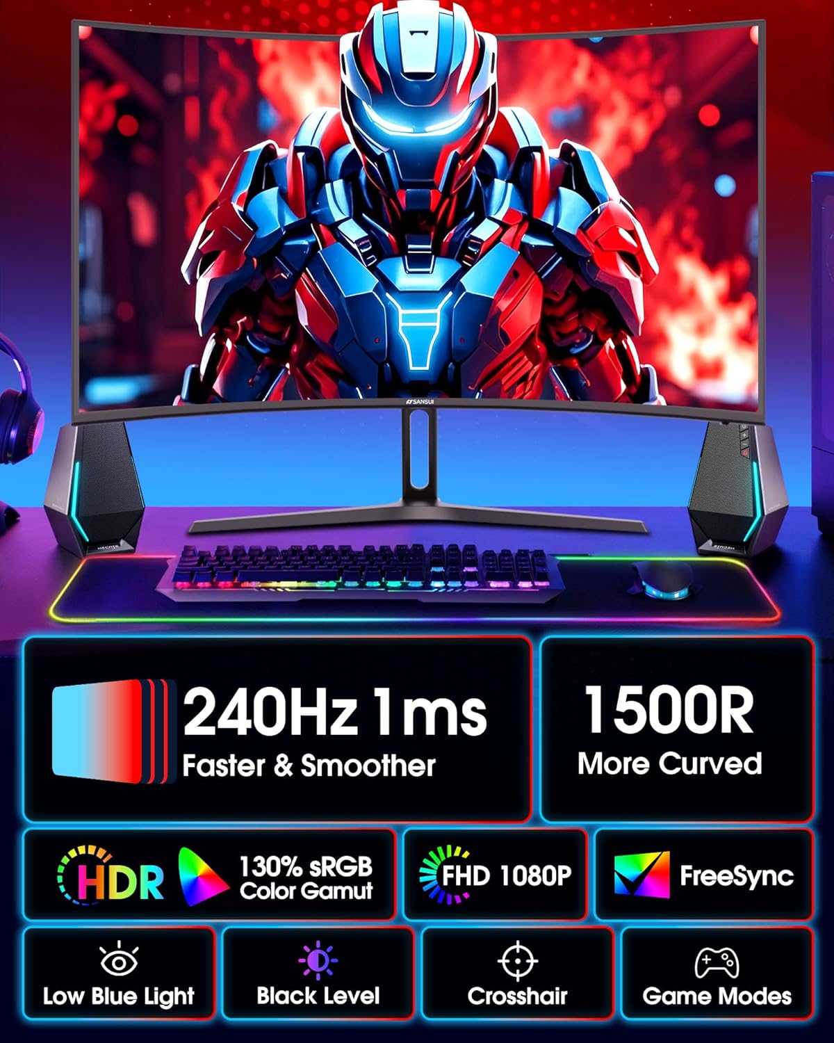 SANSUI 27 Inch Curved 240Hz Gaming Monitor FHD 1080P, 1500R Curve Computer Monit...