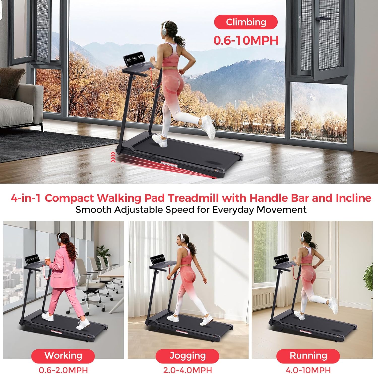 Walking Pad Treadmill with Handle Bar & Incline, 0.6-10MPH Portable Small Treadm...