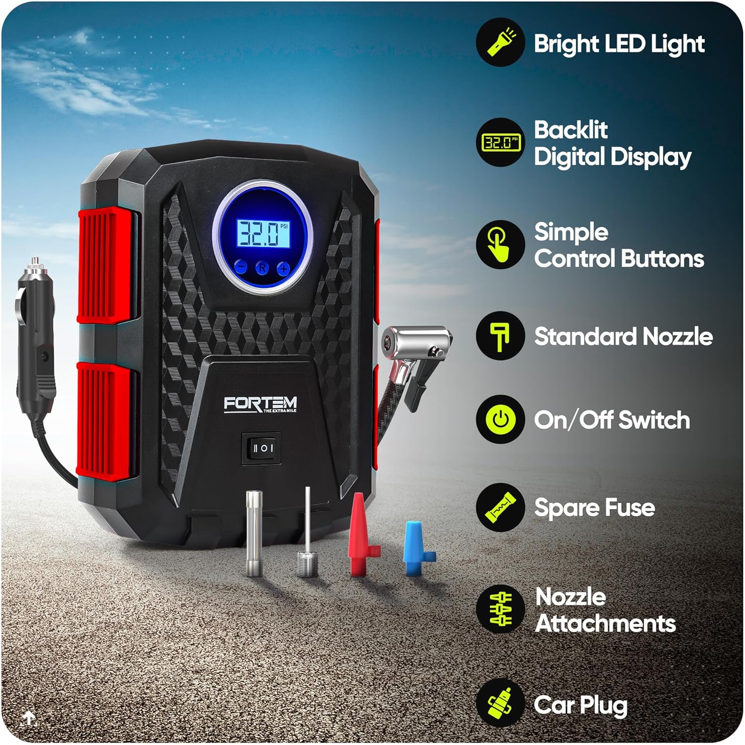 FORTEM Car Tyre Inflator 150 PSI, Air Compressor, Electric Air Pump for Car Tire...