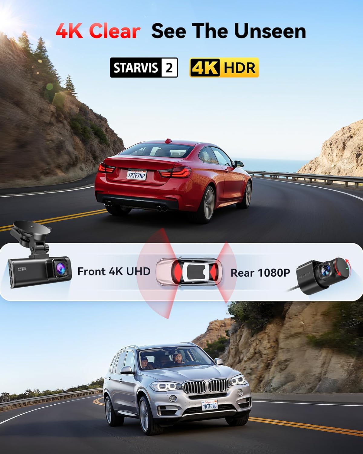 REDTIGER 4K Dash Cam Front Rear, STARVIS 2 Sensor, Free Card Included, 5.8GHz Wi...