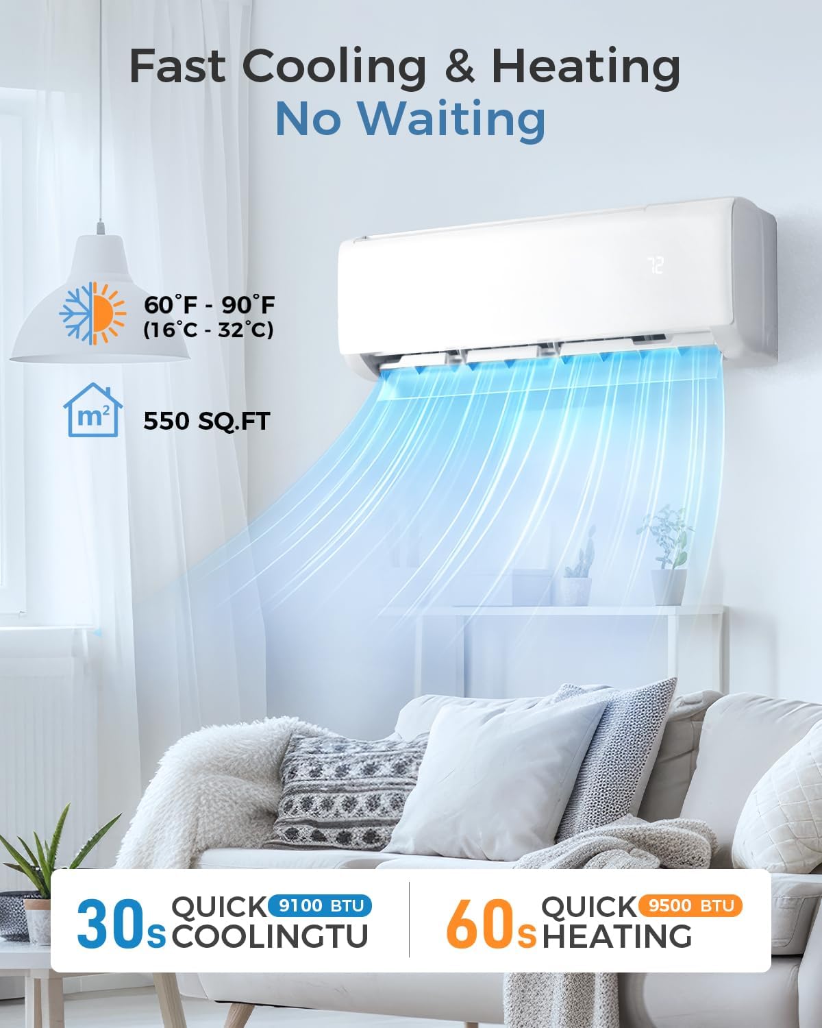 Feelfunn 9000BTU Mini Split AC/Heating System, 22 SEER2 115V Cools Rooms up to 5...