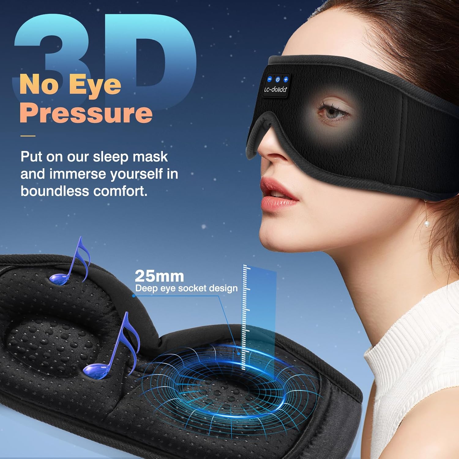 LC-dolida Bluetooth Sleep Mask Headphones Complete Blackout 3D Deep Eye Mask wit...