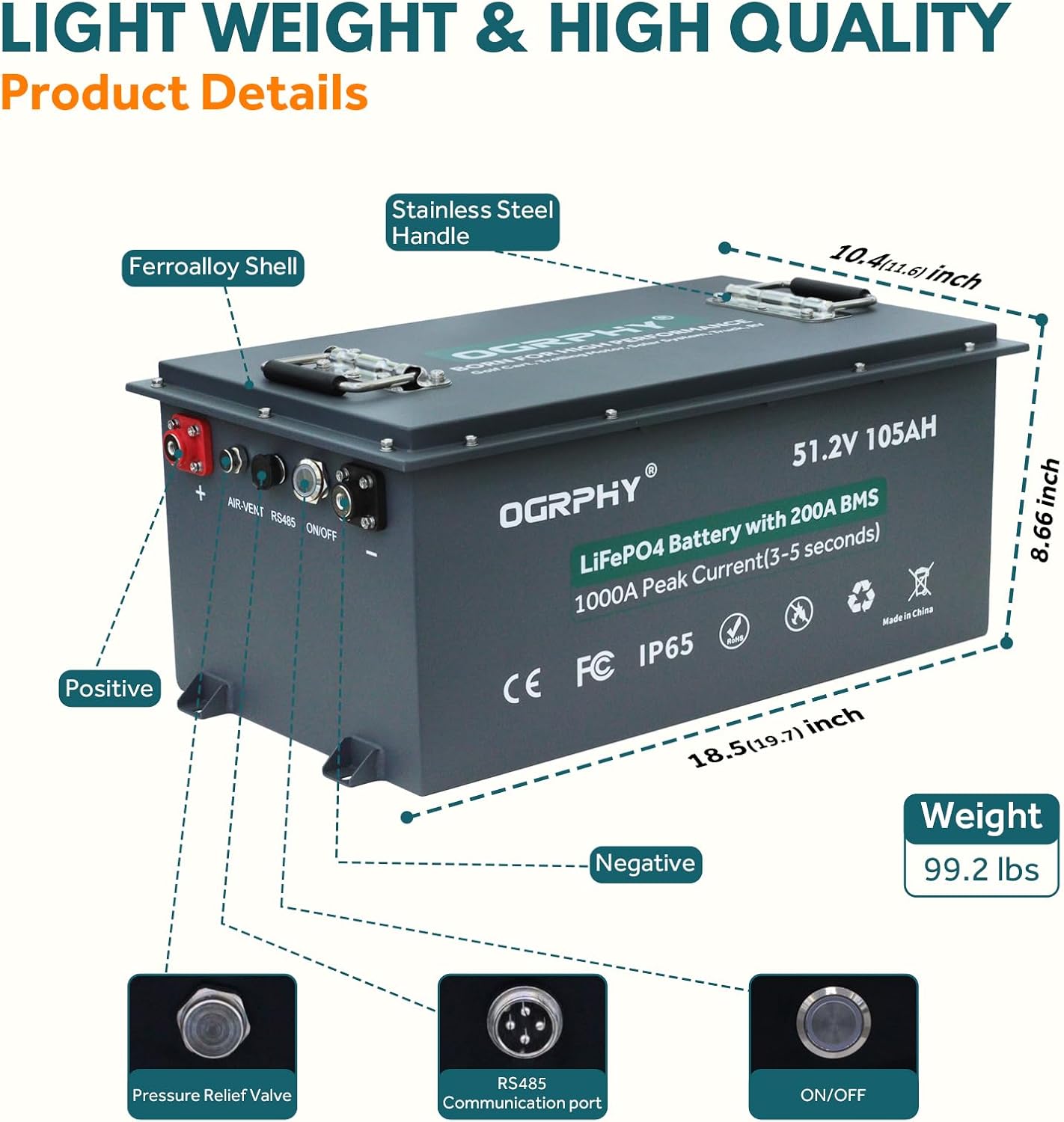 OGRPHY 48V Lithium Golf Cart Battery, 200A BMS(1000A Peak Current), with Touch M...