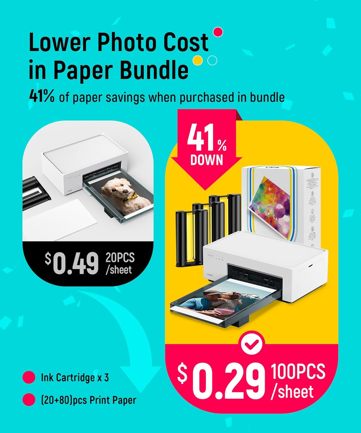 Liene M100 4x6'' Photo Printer, Phone Printer 100 Sheets & 3 Cartridges, Full-Co...