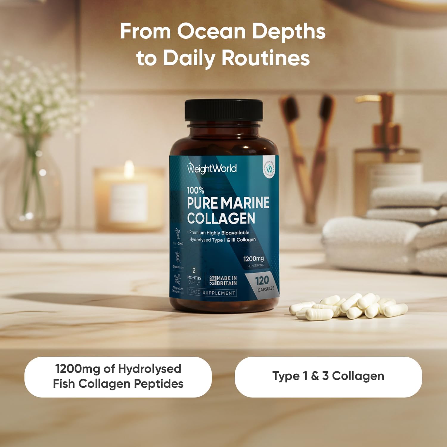 Pure Marine Collagen Supplements for Women & Men - 120 Capsules - 1200mg Per Ser...