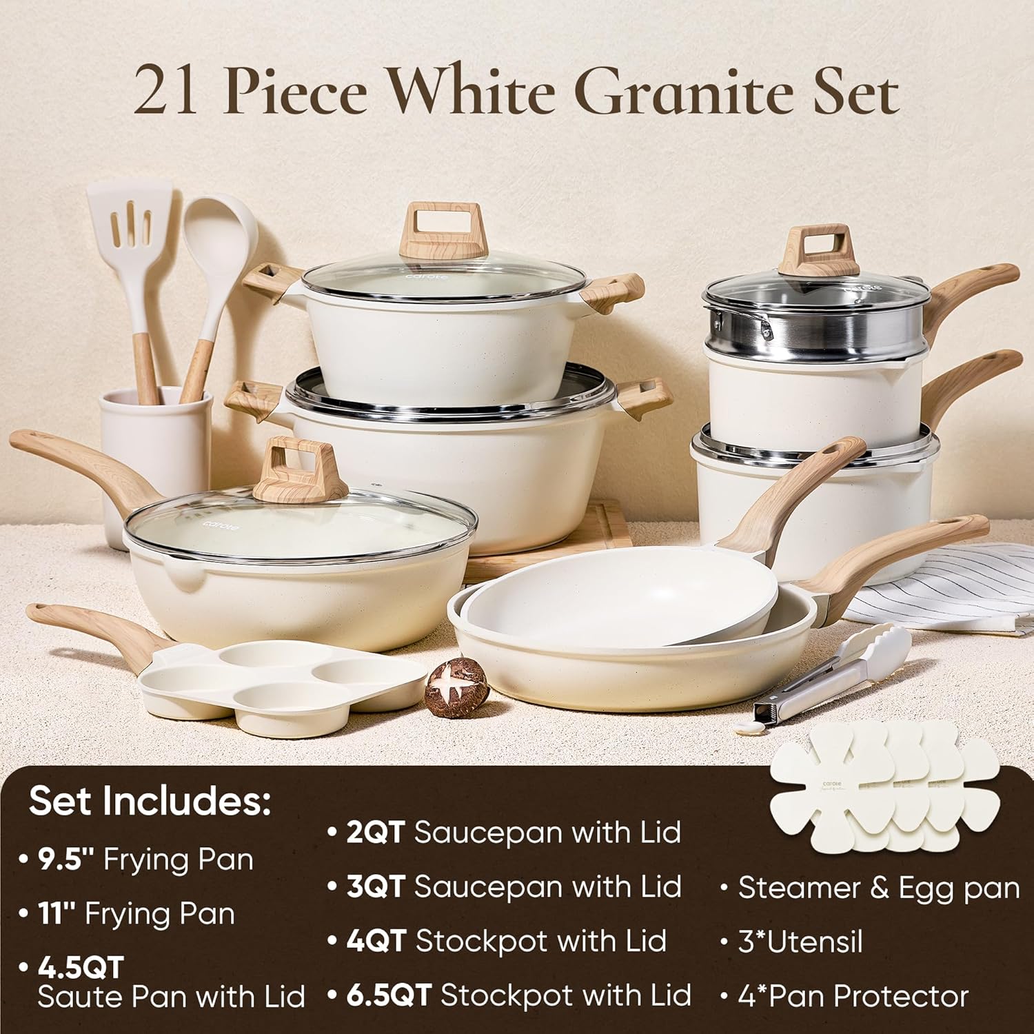 CAROTE 21Pcs Pots and Pans Set, Nonstick Cookware Sets, White Granite Induction...