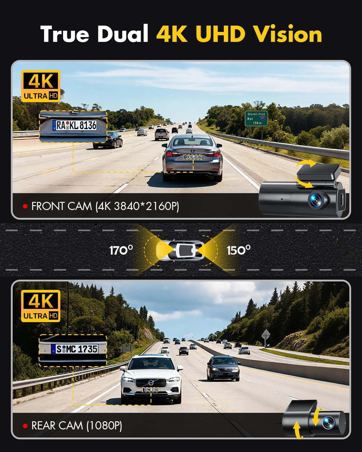 GKU 4K Dash Cam Front and Rear, 5GHz WiFi Dashcam with 64GB SD Card, Dual Car Ca...
