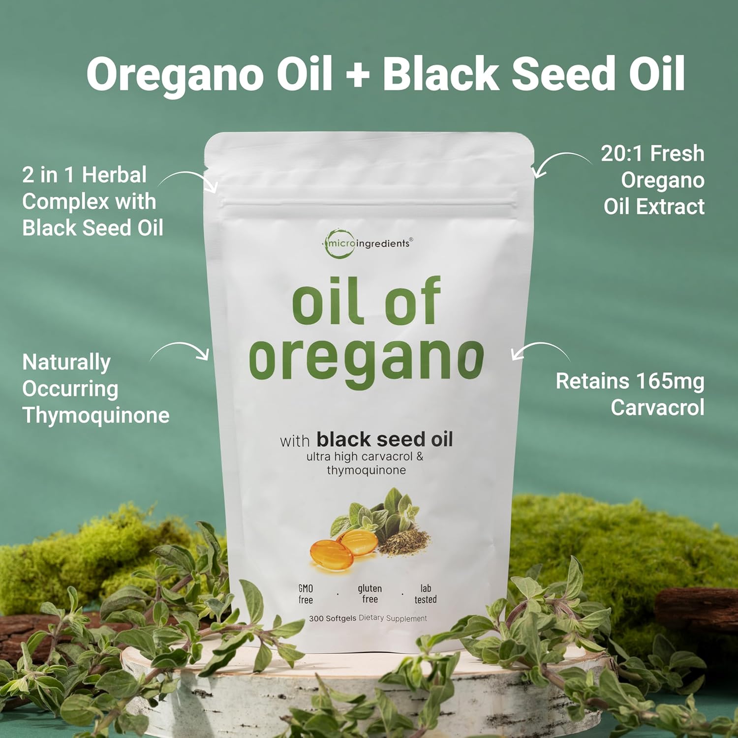 Micro Ingredients Oil of Oregano Softgels, 300 Count | 2 in 1 Formulated with Bl...