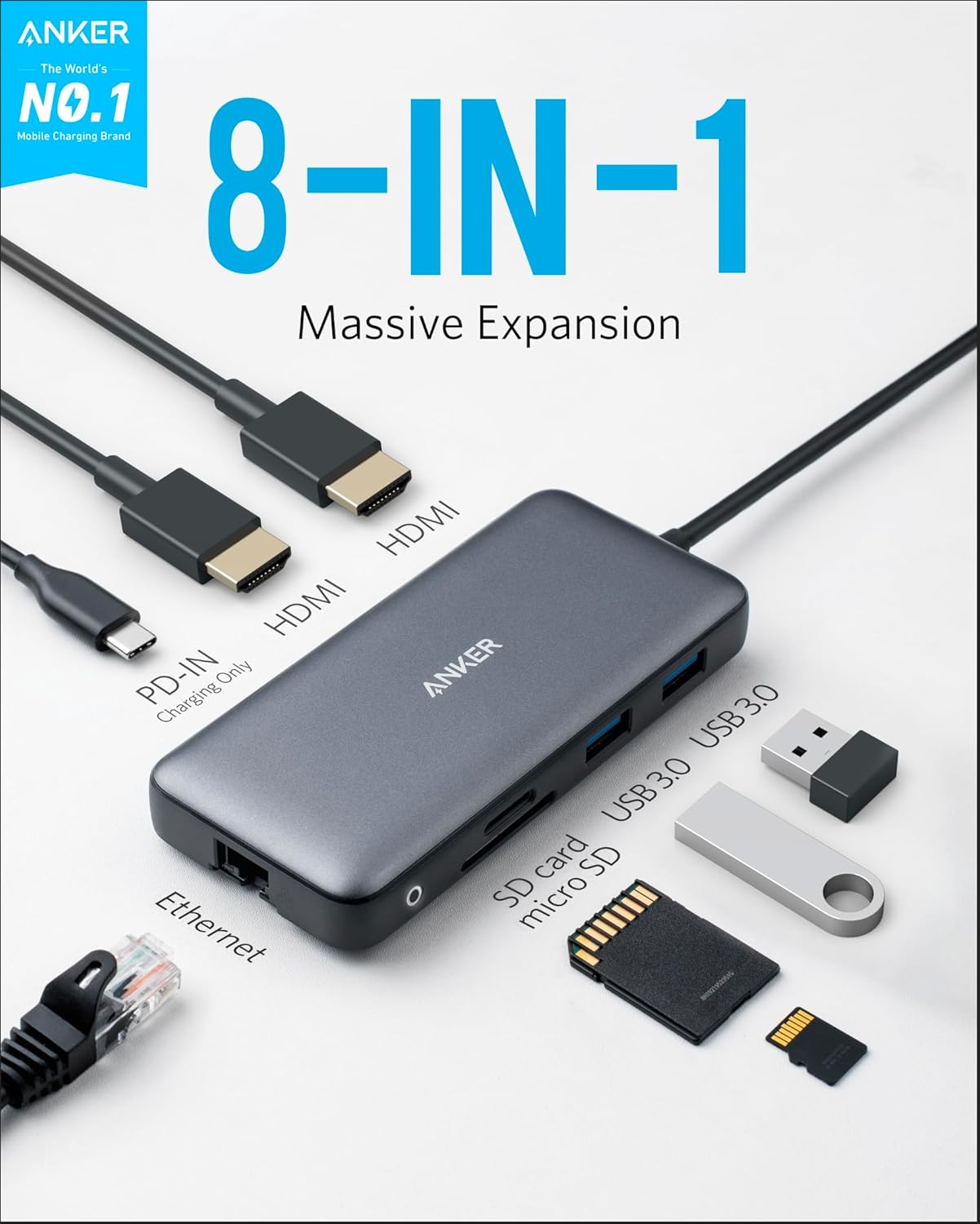 Anker Laptop Docking Station Dual Monitor, 8-in-1 USB C Hub, 4K Dual Monitor wit...