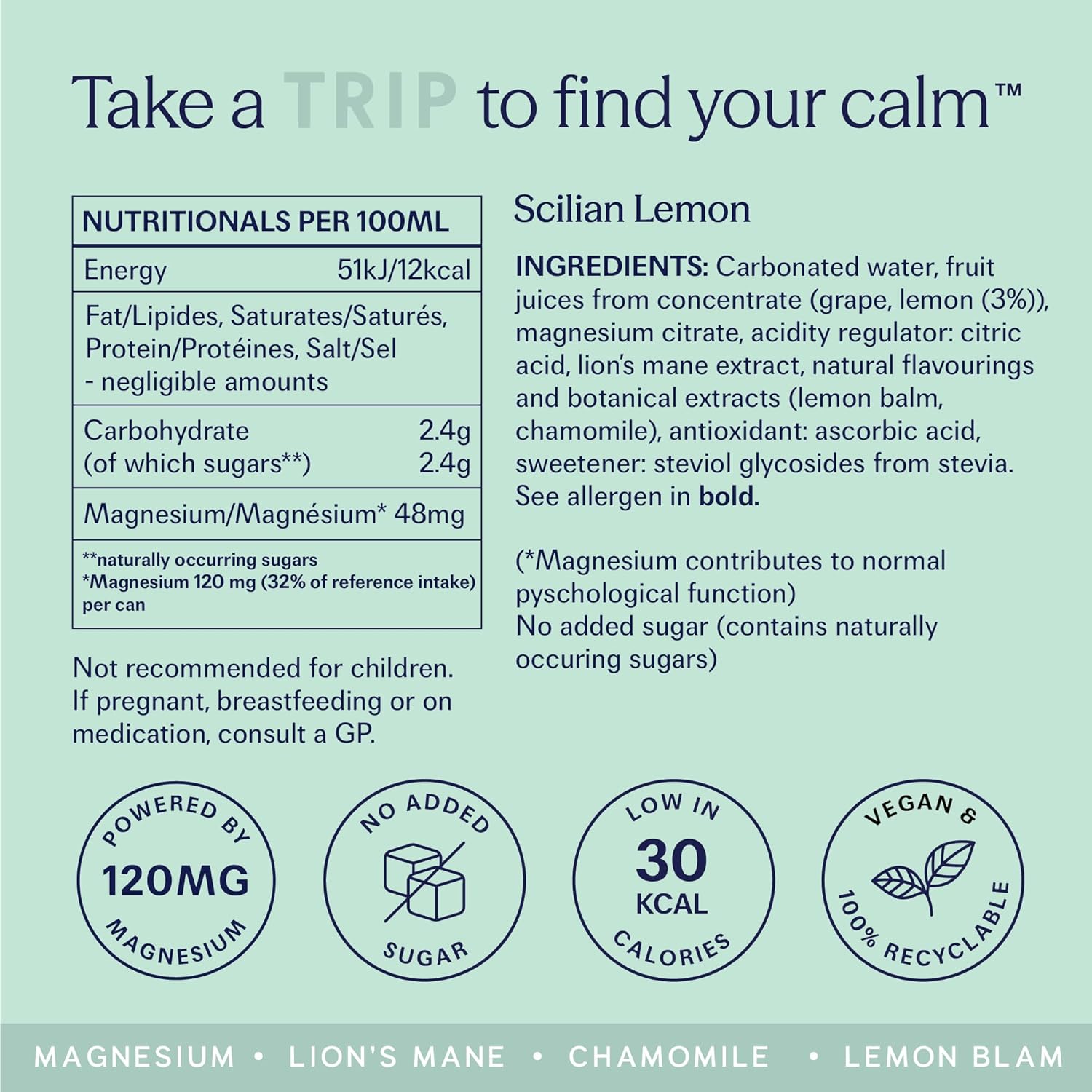 TRIP Sicilian Lemon Sparkling Drink with 120MG calming Magnesium + Lion’s Mane +...