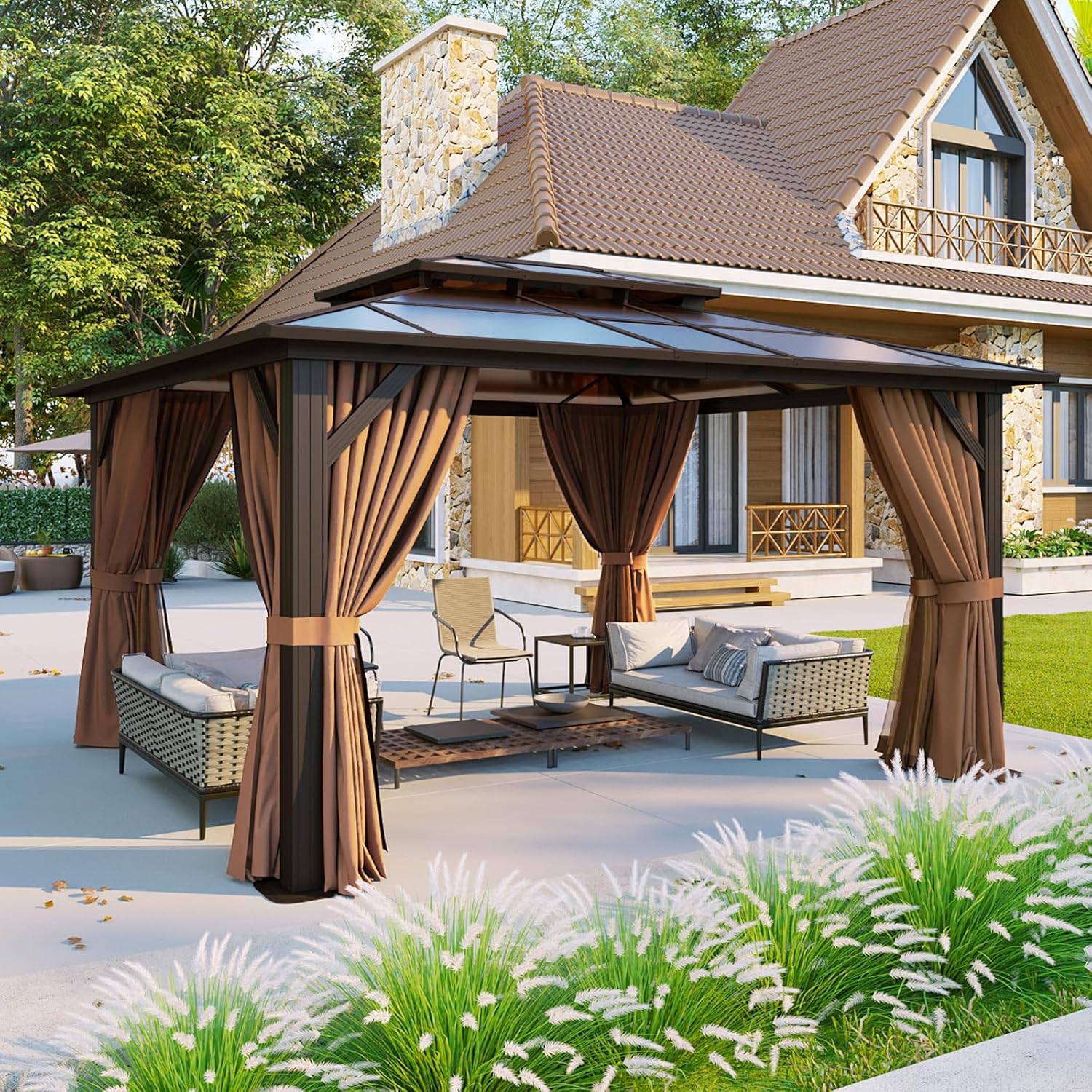 Aoxun 12'x10' Hardtop Gazebo, Aluminum Frame Permanent Pavilion with Curtains an...