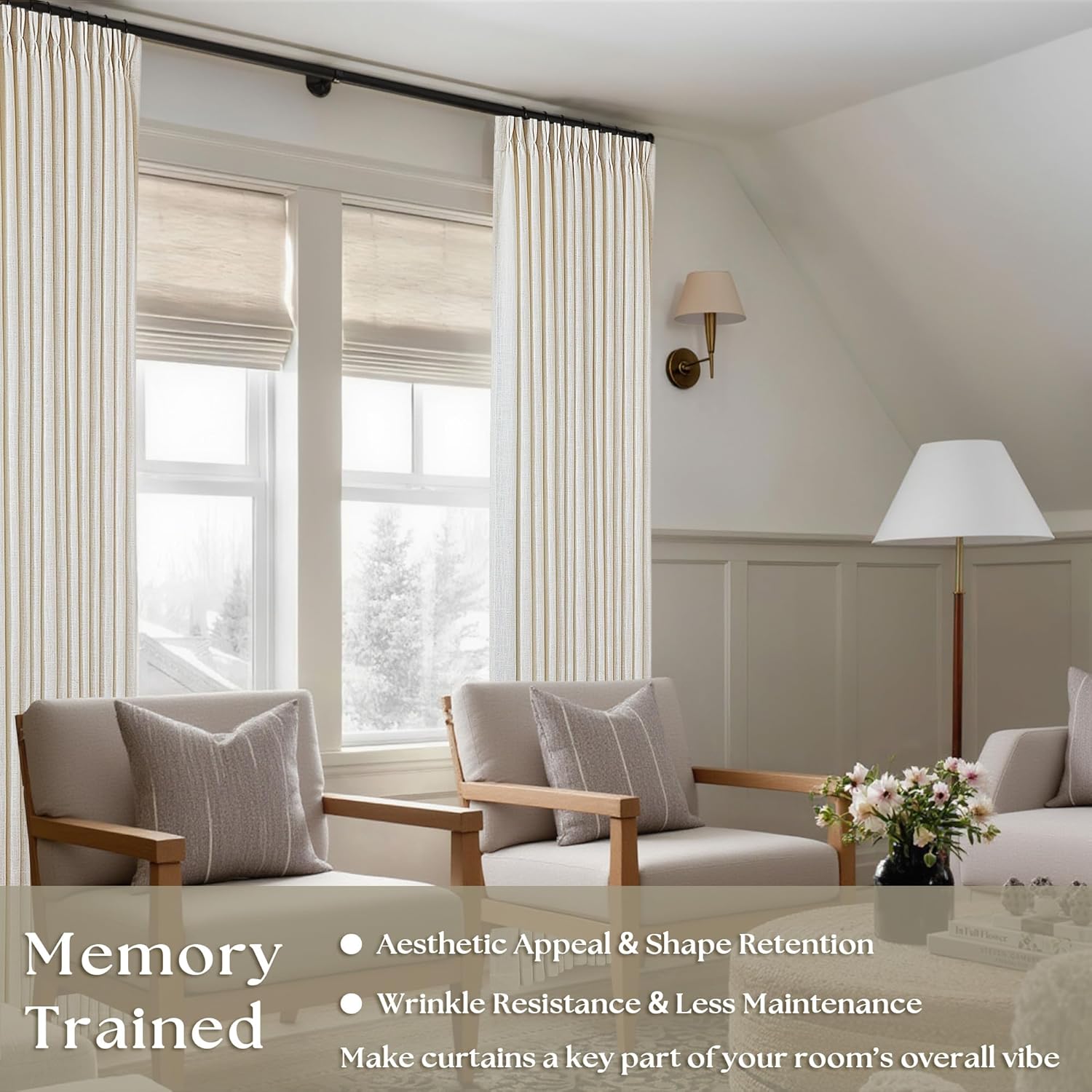 Pinch Pleated Linen Curtains 96 Inches Long for Living Room 2 Panel Set Cream Iv...