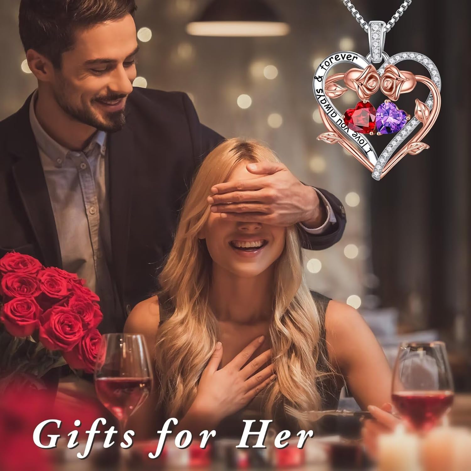 Unique Iefil Mother's Day Gifts, Special Rose Heart Double Birthstone Necklace,...