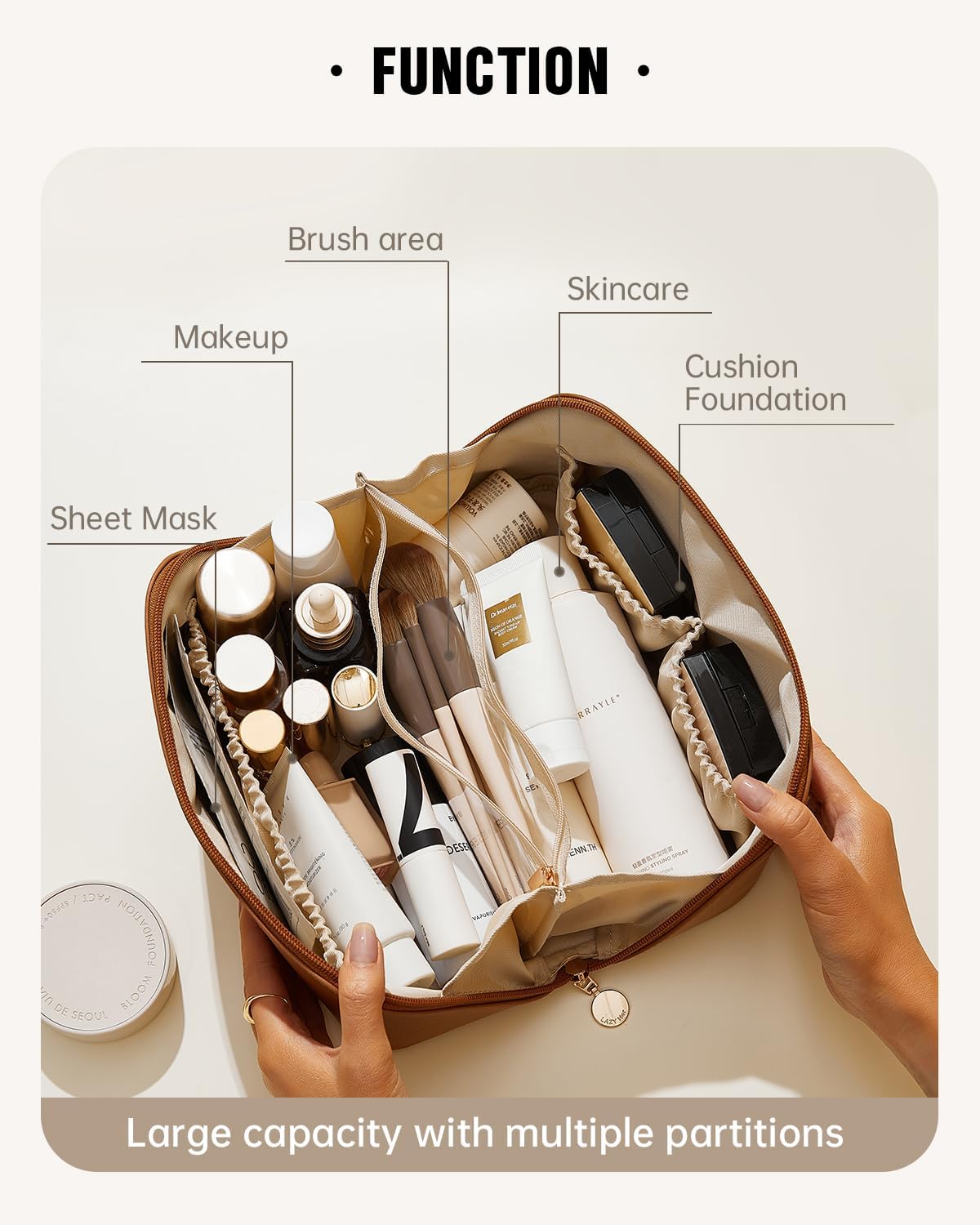 EACHY Travel Makeup Bag, Large Capacity Cosmetic Bag for Women, Waterproof PU Le...