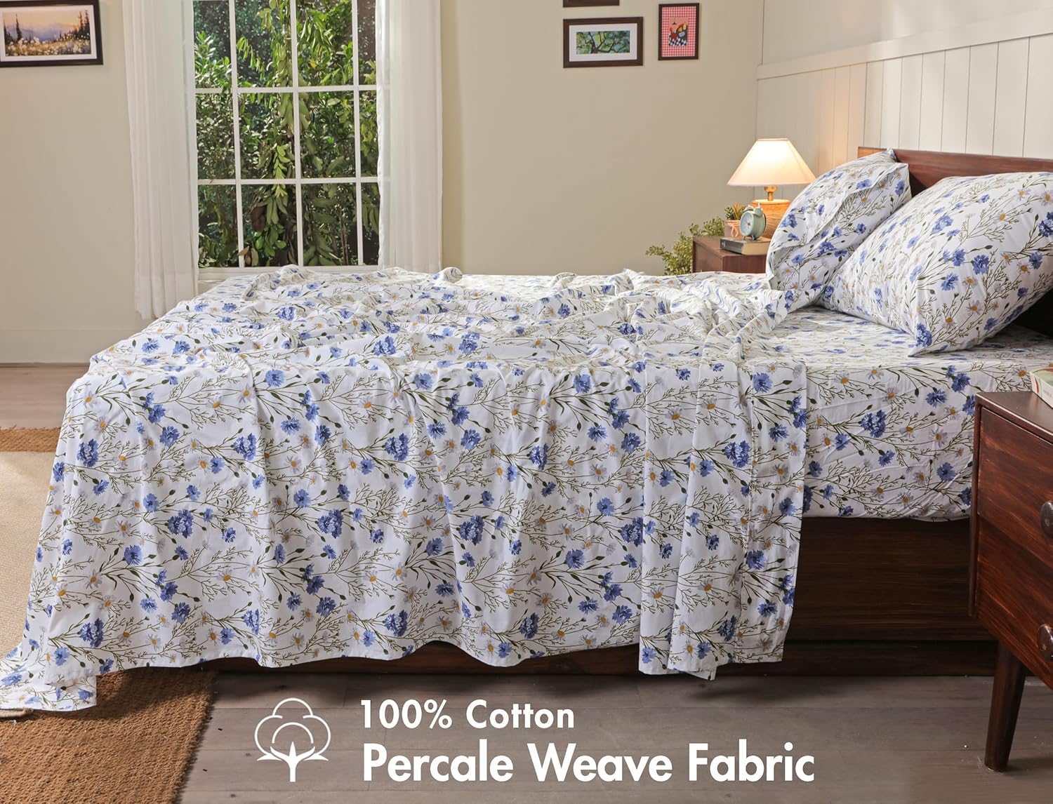 RUVANTI 100% Cotton Sheets – Queen Size Percale Bedding, Cooling & Breathable Fl...