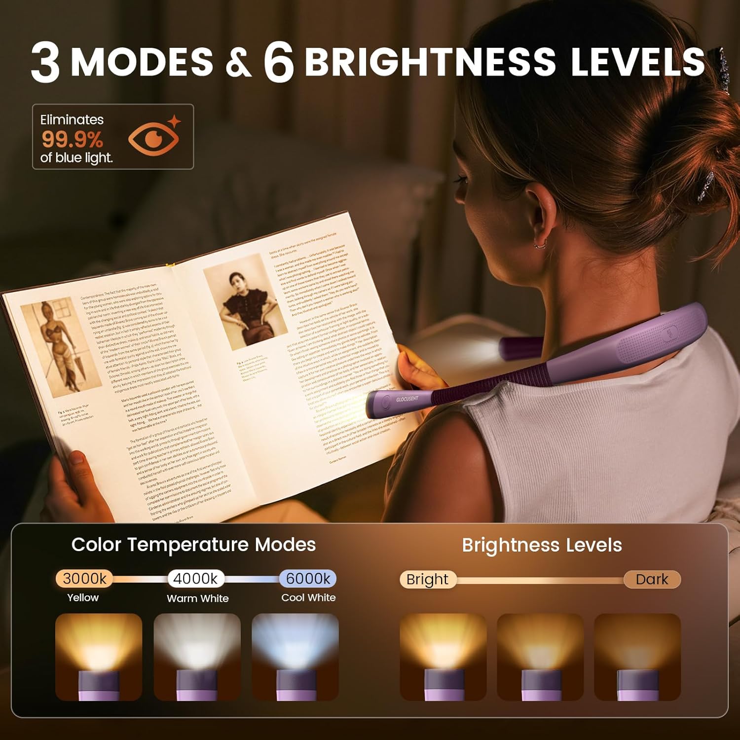 Glocusent LED Neck Reading Light, Book Light for Reading in Bed, 3 Colors, 6 Bri...