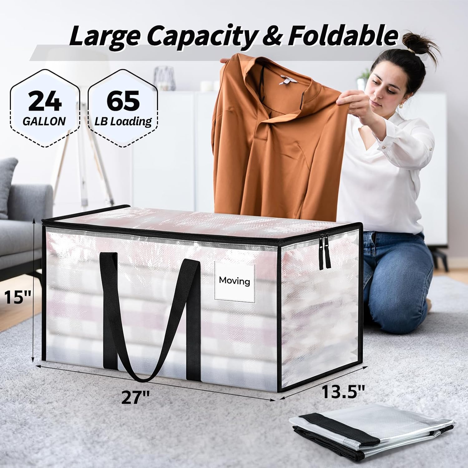 8 Pack Extra Large Heavy Duty Moving Bags, Clear Storage Bins with Lids, Reinfor...