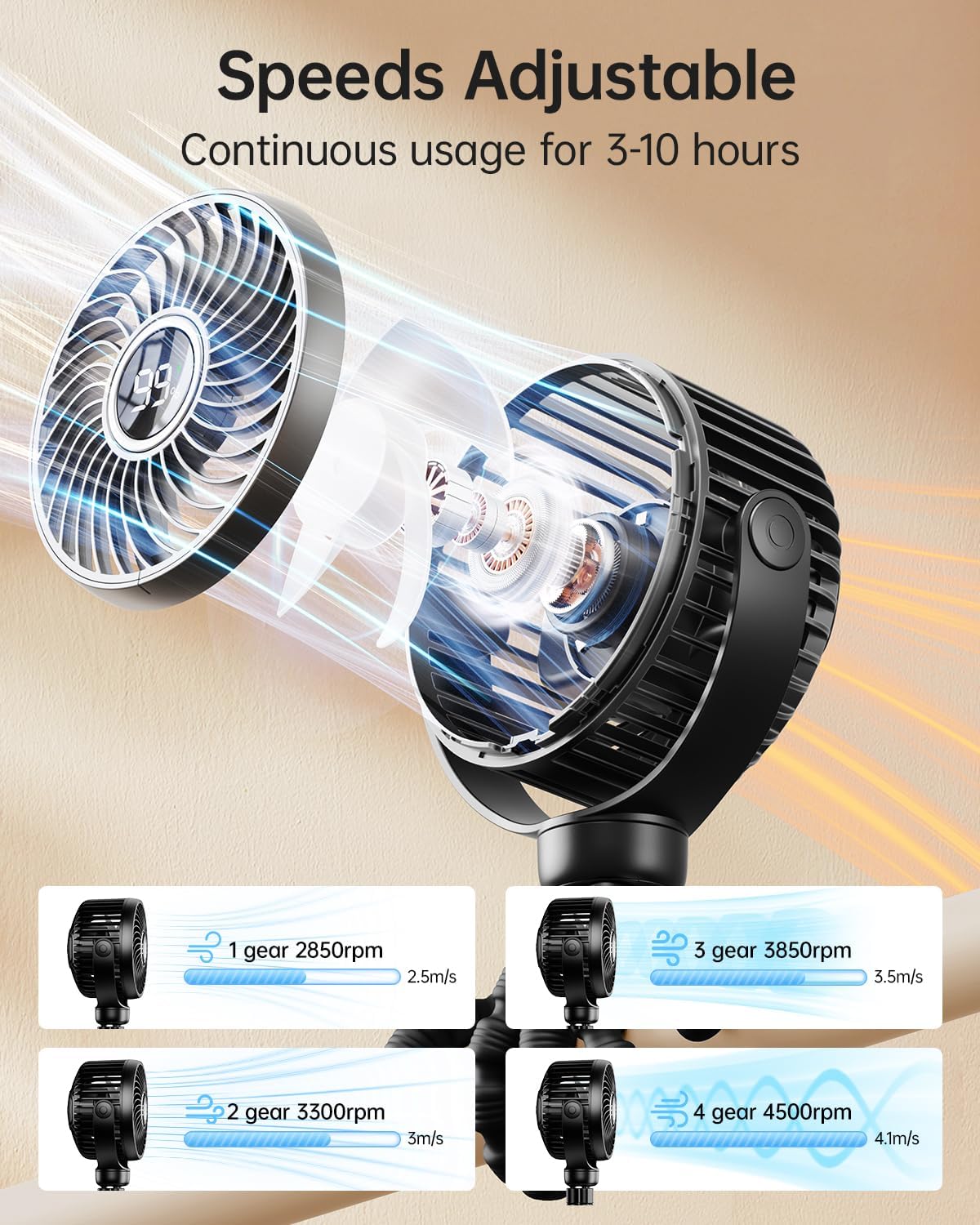 Mini Portable Pram Fan, Rechargeable Clip On Fan for Stroller, Digital Display &...