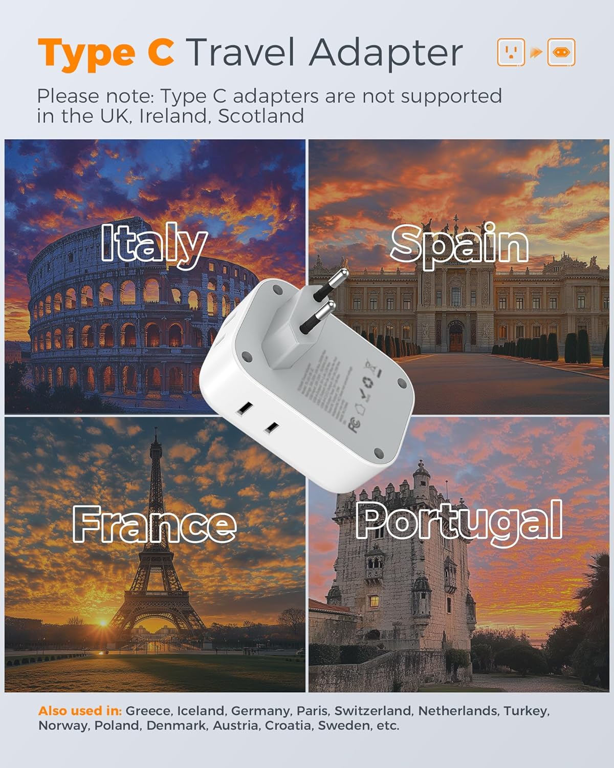 2 Pack European Plug Adapter USB C, TESSAN US to Europe Adapter 4 Outlets 3 USB...