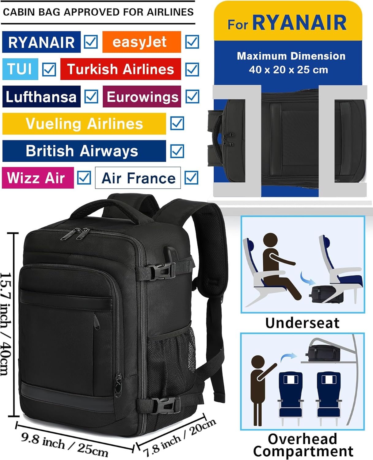 KLOSTAIN Cabin Bags 40x20x25 for Ryanair Underseat Travel Backpack Hand Luggage...