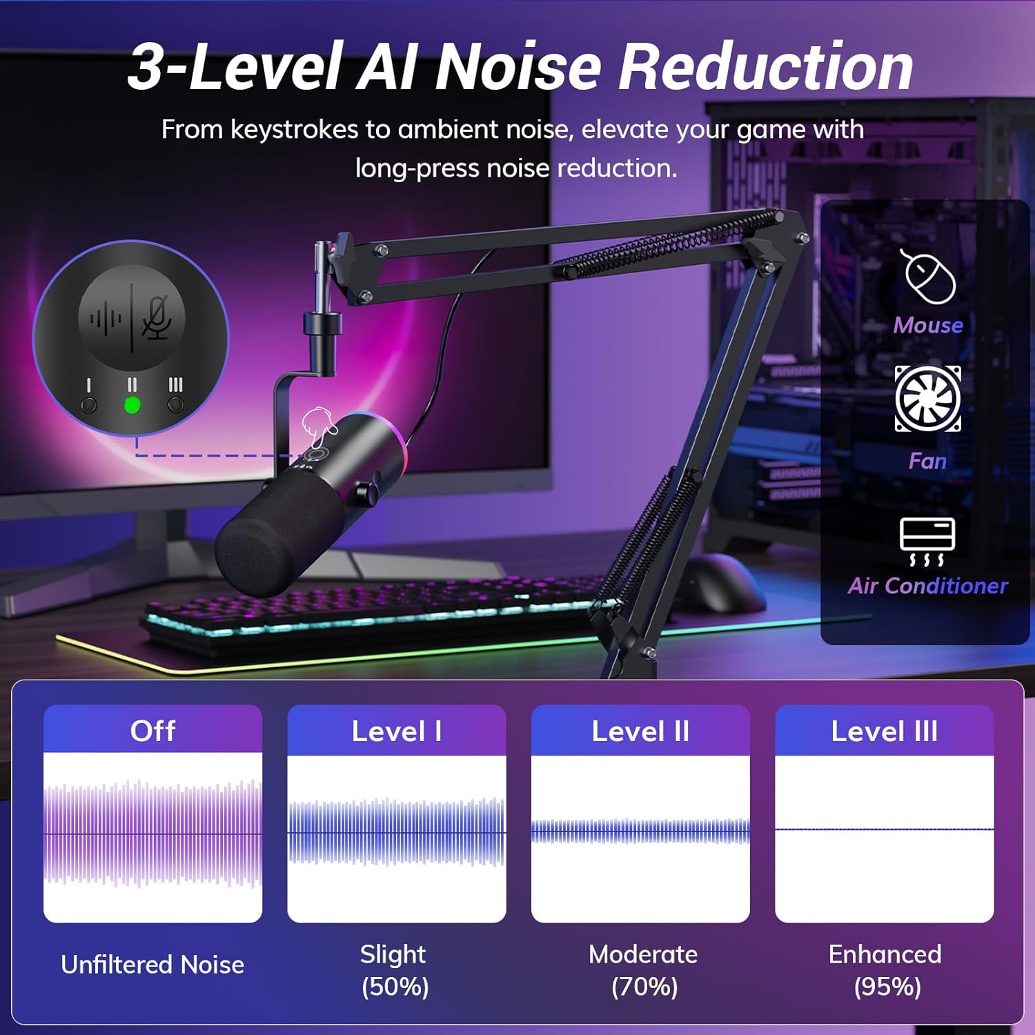TONOR Dynamic Gaming Microphone, XLR/USB Mic Streaming, AI Noise Cancellation, C...