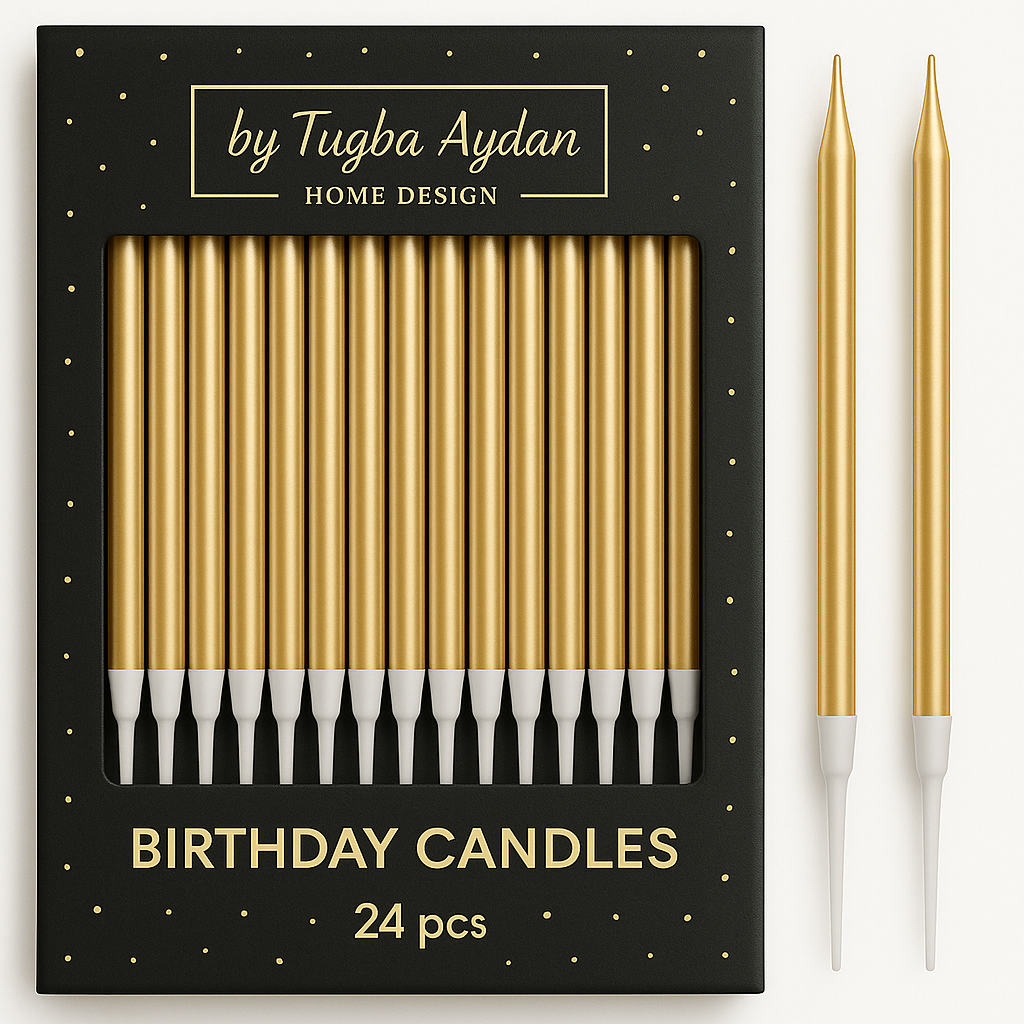 Gold Birthday Candles by Tugba Aydan, Special Metallic Long Thin Candles for Cak...
