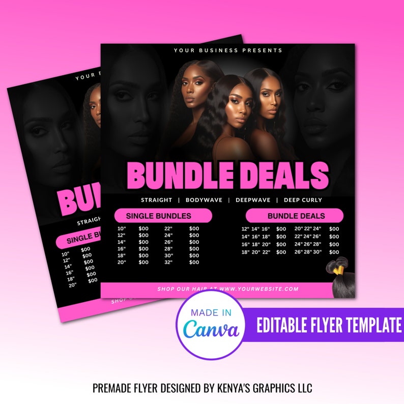 Hair Bundle Sale Flyer, DIY Hair Pricelist Flyer, Editable Hair Flyer, Bundle Deals, Hair Extensions Wig Flyer, Editable Canva Template